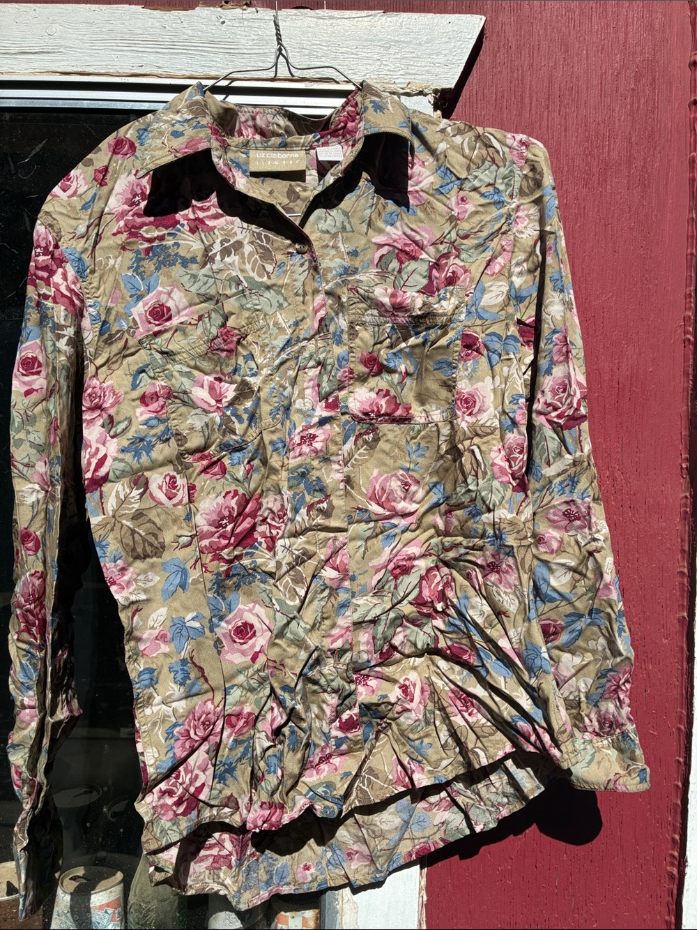 Liz Claiborne olive green  Button-Down Shirt with Pink Rose Print